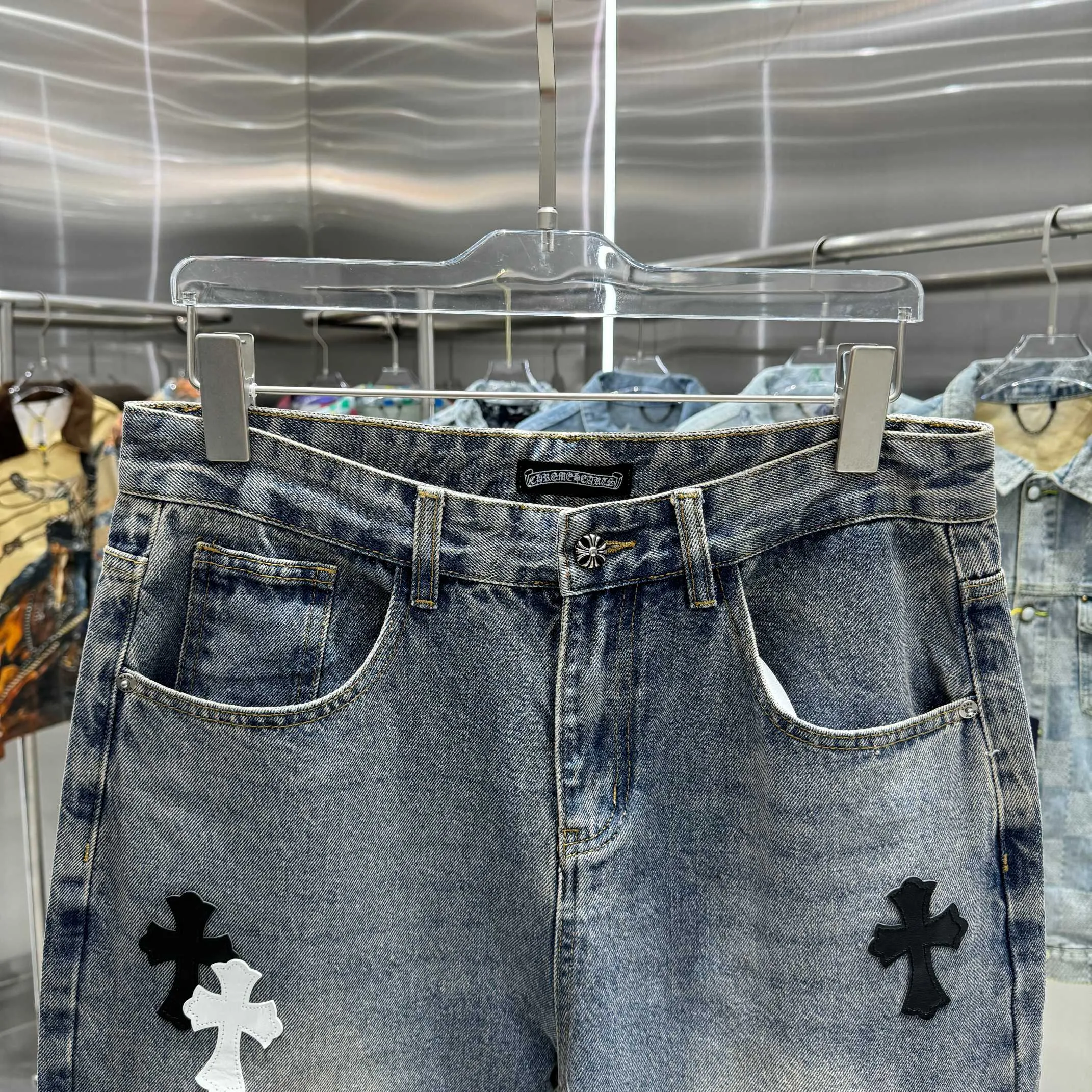 🅿️270 Crow Heart Cross logo + printed logo jeans 2025 latest product, original goods, washed casual jeans, imported original washed stretch fabric, comfortable and elastic, original hardware accessories decorated with logo, super correct version, extremely high grade, counter quality, fashionable and stylish upper body. The printing adopts imported foam printing, customized buttons, YKK zippers. The complete set of accessories is customized by molding. Color: blue Size: S-XXL 28 30 32 34 36 code